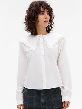 BDG White Lace-Trim Button-Down Blouse